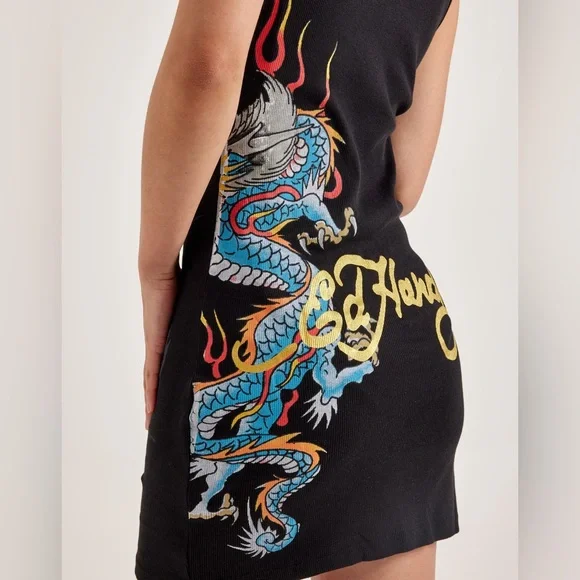 Ed Hardy Black Mini Dress with Blue Dragon Design - Picture 6 of 8